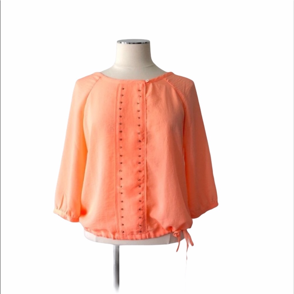 CALVIN KLEIN Rhinestone Blouse 3/4 Sleeve Top Peach Orange Sz XS